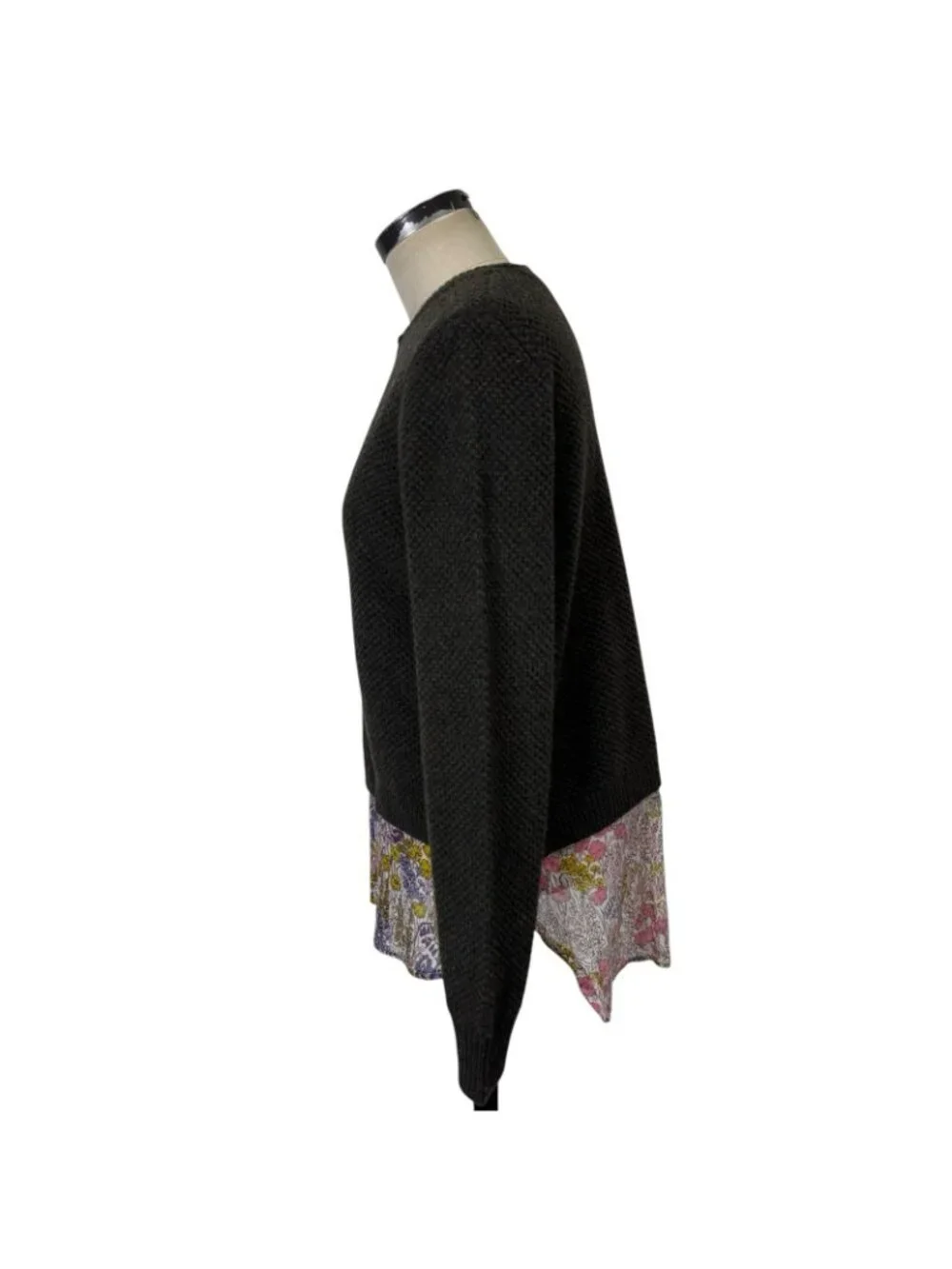 J Crew Wool Crewneck Sweater Silk Libery Floral Print Tail Medium Green B2388